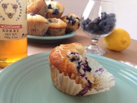blueberry muffins closeup honey glaze