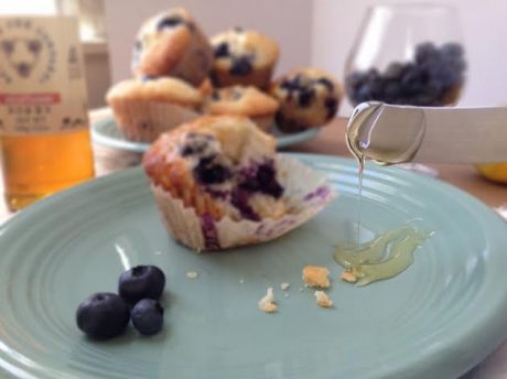 blueberry muffins honey drip close
